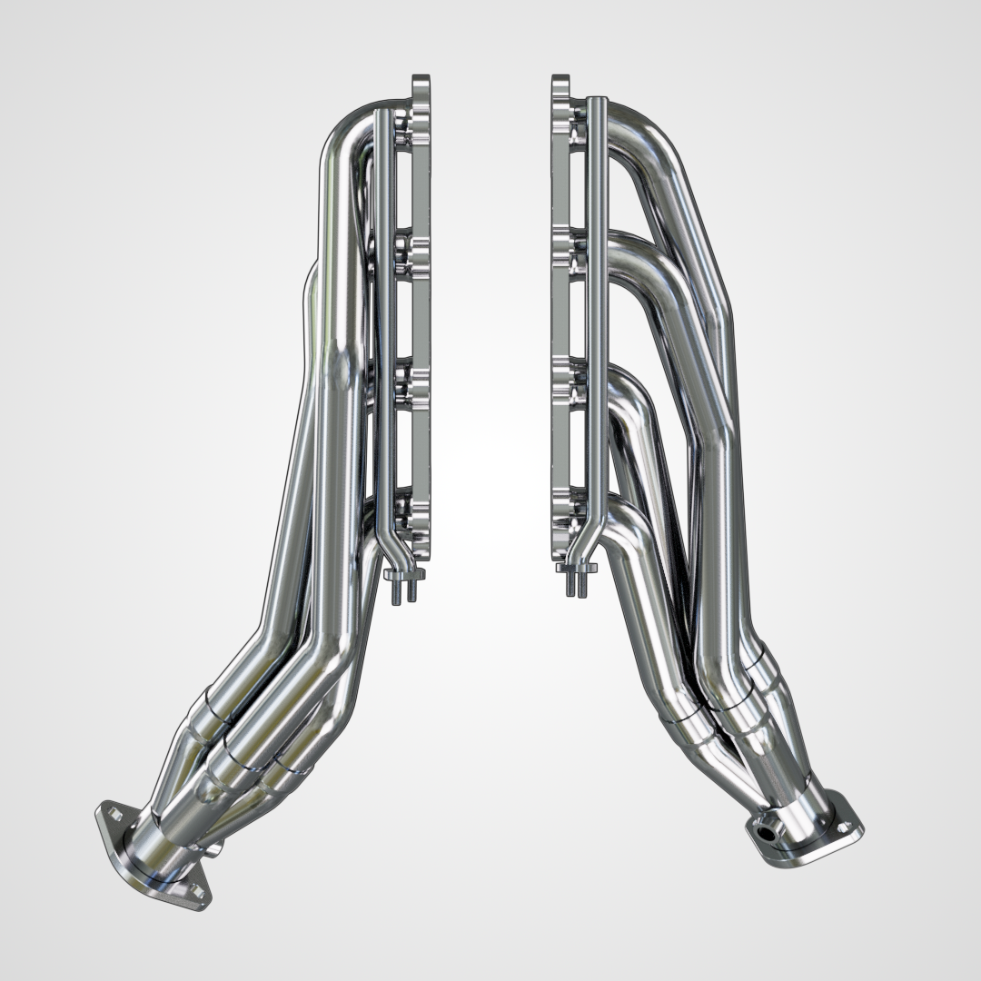 GX470 headers CAD rendering showing flange face and port matching