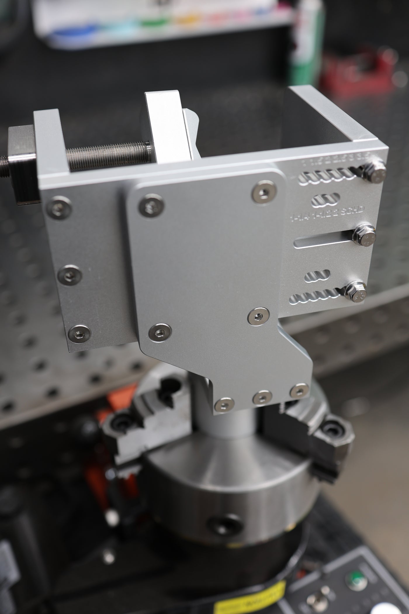 Front view of the empty Tube Fixture mounted to a welding positioner chuck