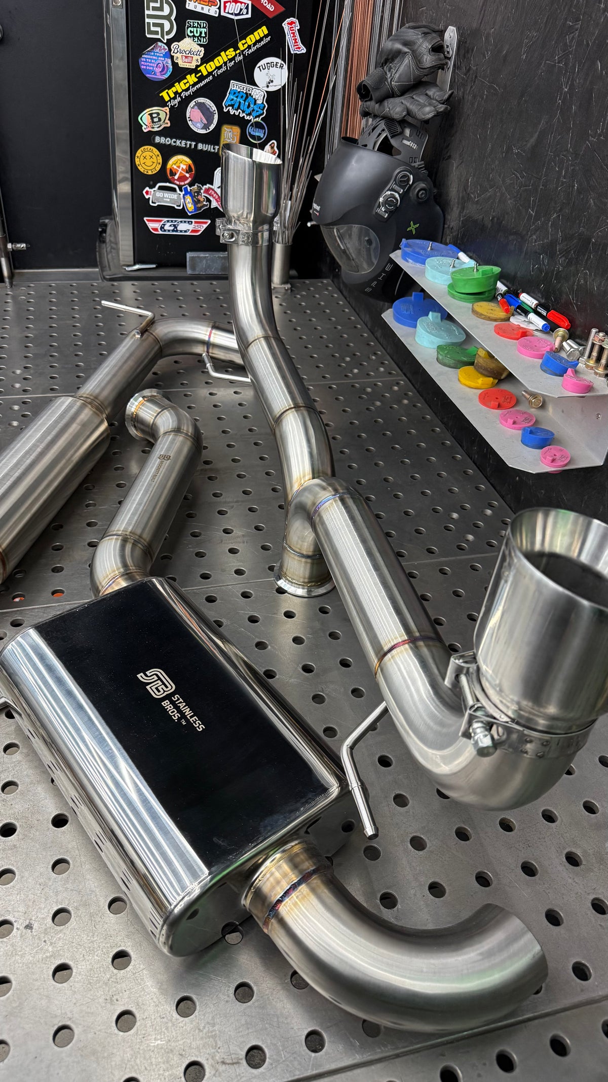 Center oval muffler, 3 inch stainless bends and Jones tip of the GTI Aggressive cat-back, TIG welded 304 stainless