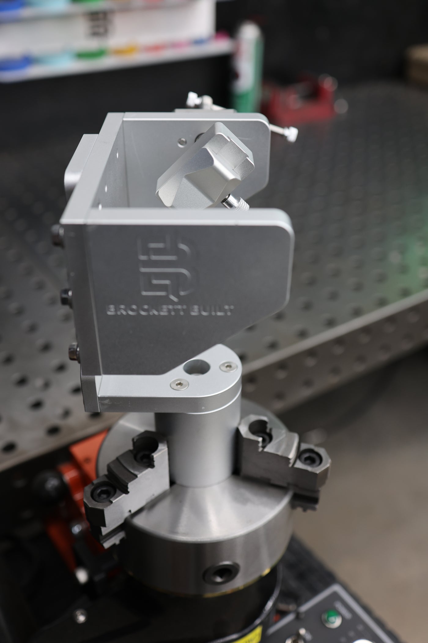 Brockett Built Tube Fixture mounted on a three-jaw welding positioner chuck, ready for setup