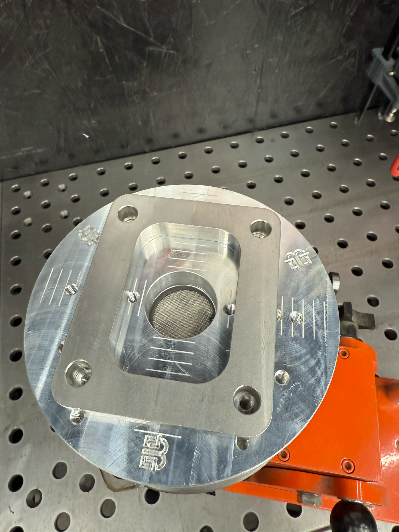 Flange welding fixture CAD rendering angled perspective view