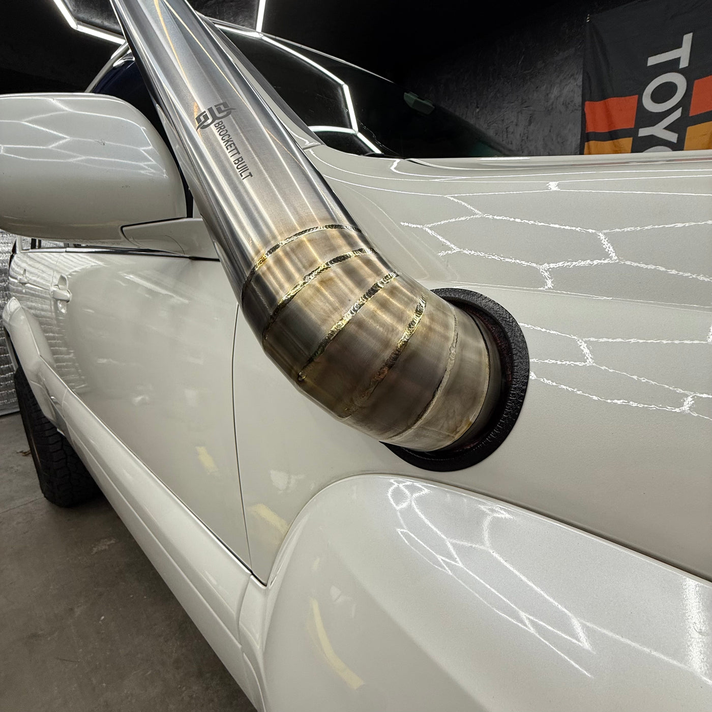 GX470 titanium snorkel installed on vehicle A-pillar