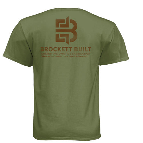 Brockett Built OD Green tee back view on Next Level cotton blend