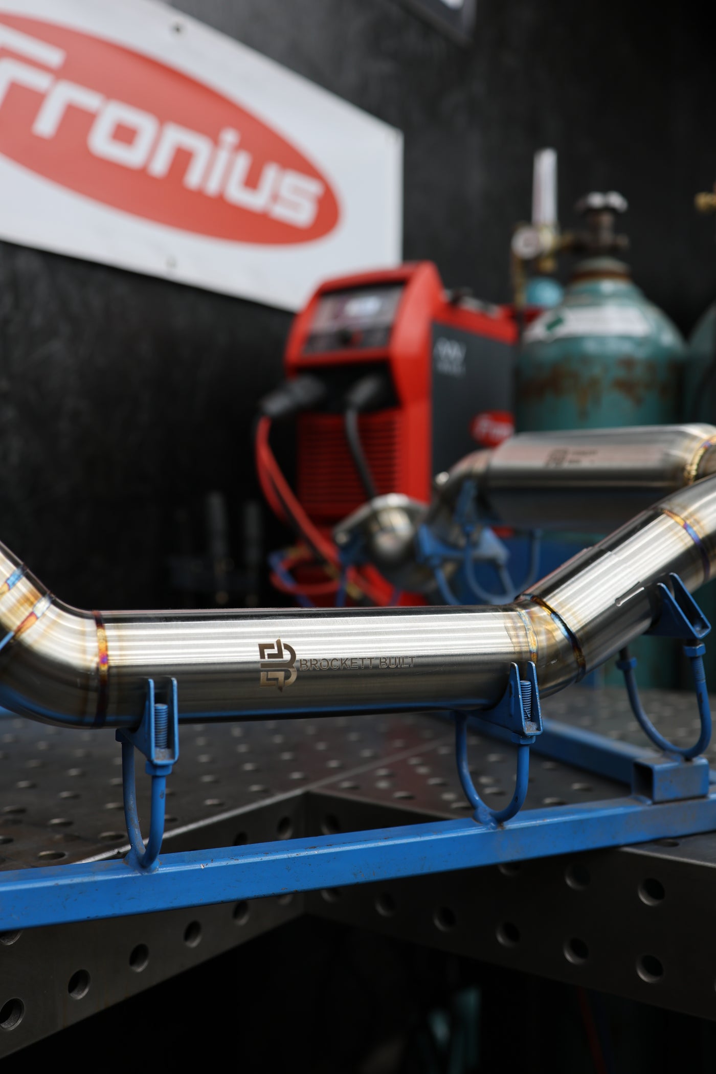 Brockett Built GX470 Y-pipe overhead view showing dual pipe merge