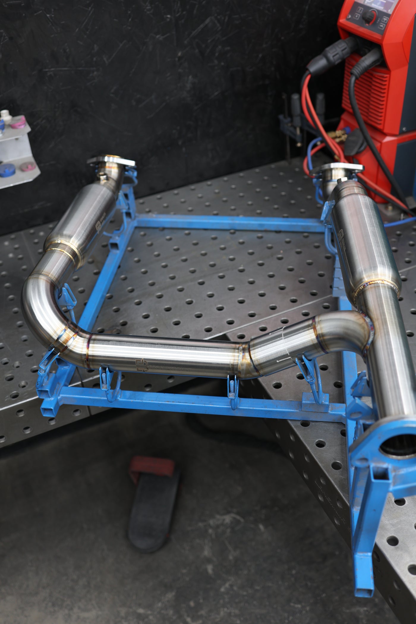 Brockett Built GX460 Y-pipe overhead view showing dual pipe design