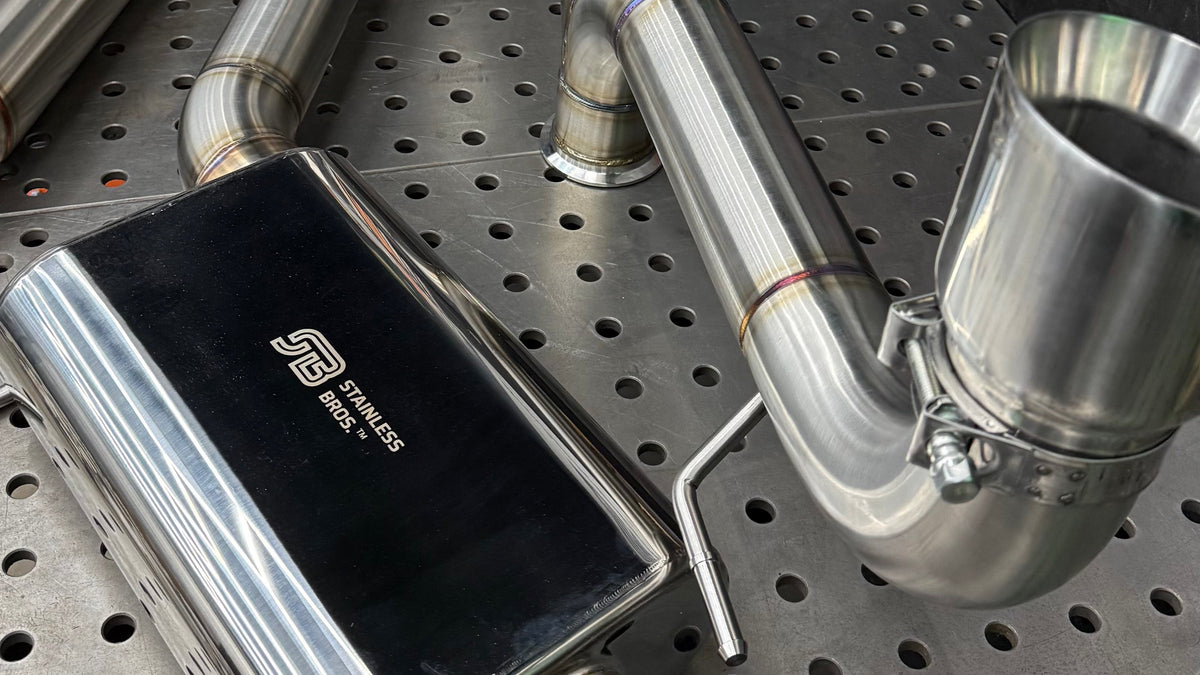 Center oval muffler and Jones tip on the GTI Aggressive cat-back, TIG welded 304 stainless