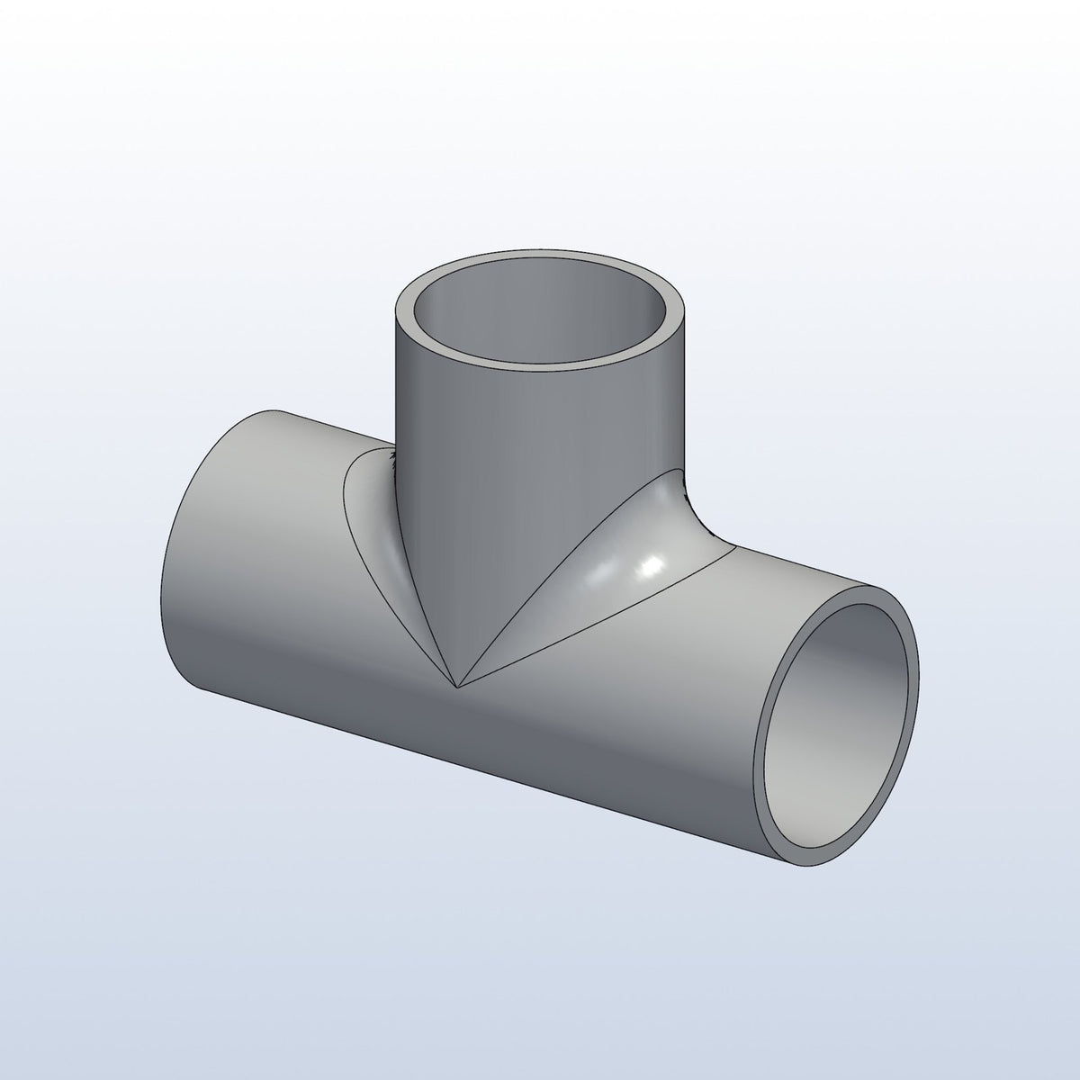 H pipe junction tee, 1in OD, profile view, metal 3D printed 316L stainless