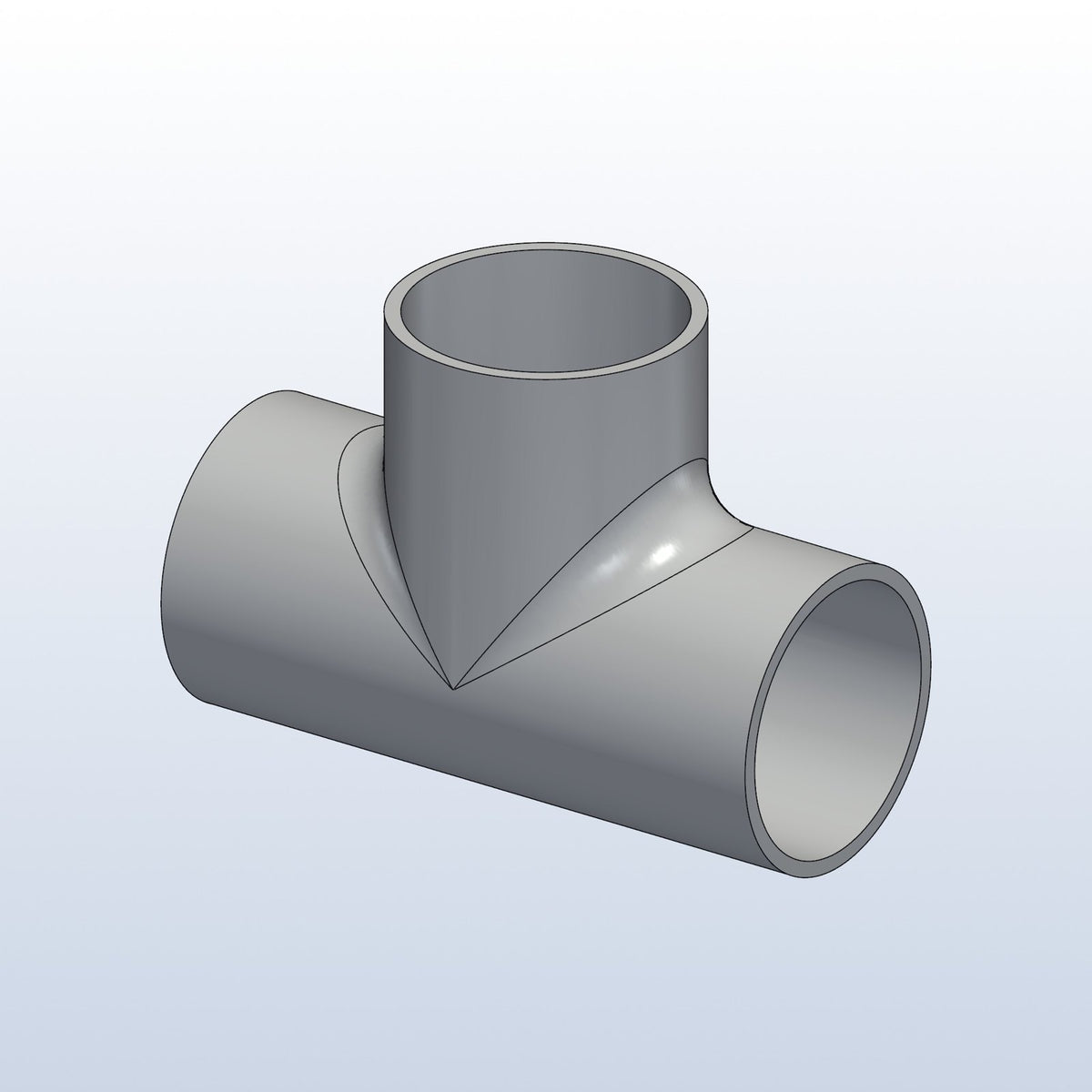 H pipe junction tee, 1.25in OD, profile view, metal 3D printed 316L stainless