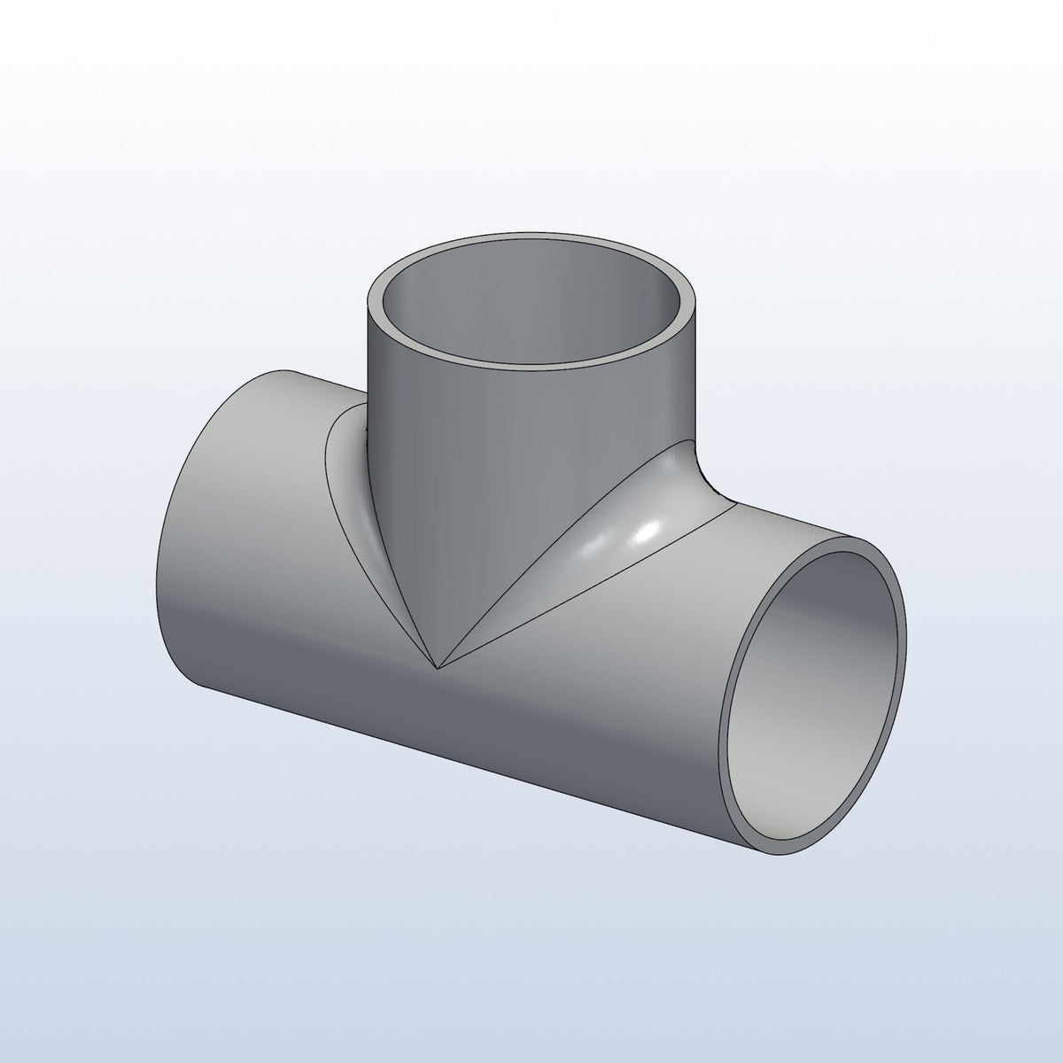 H pipe junction tee, 1.38in OD, profile view, metal 3D printed 316L stainless