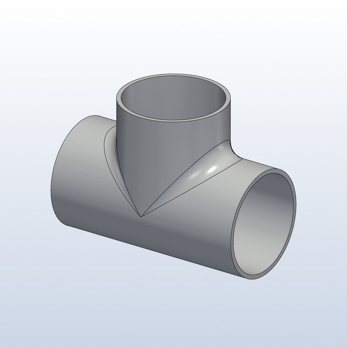 H pipe junction tee, 1.63in OD, profile view, metal 3D printed 316L stainless