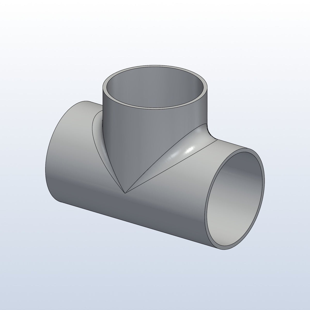 H pipe junction tee, 1.75in OD, profile view, metal 3D printed 316L stainless