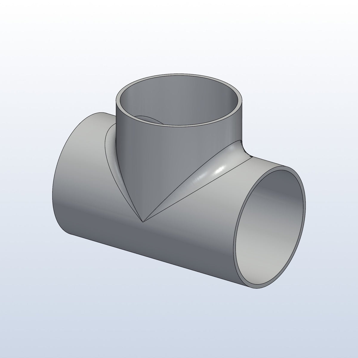 H pipe junction tee, 2in OD, profile view, metal 3D printed 316L stainless