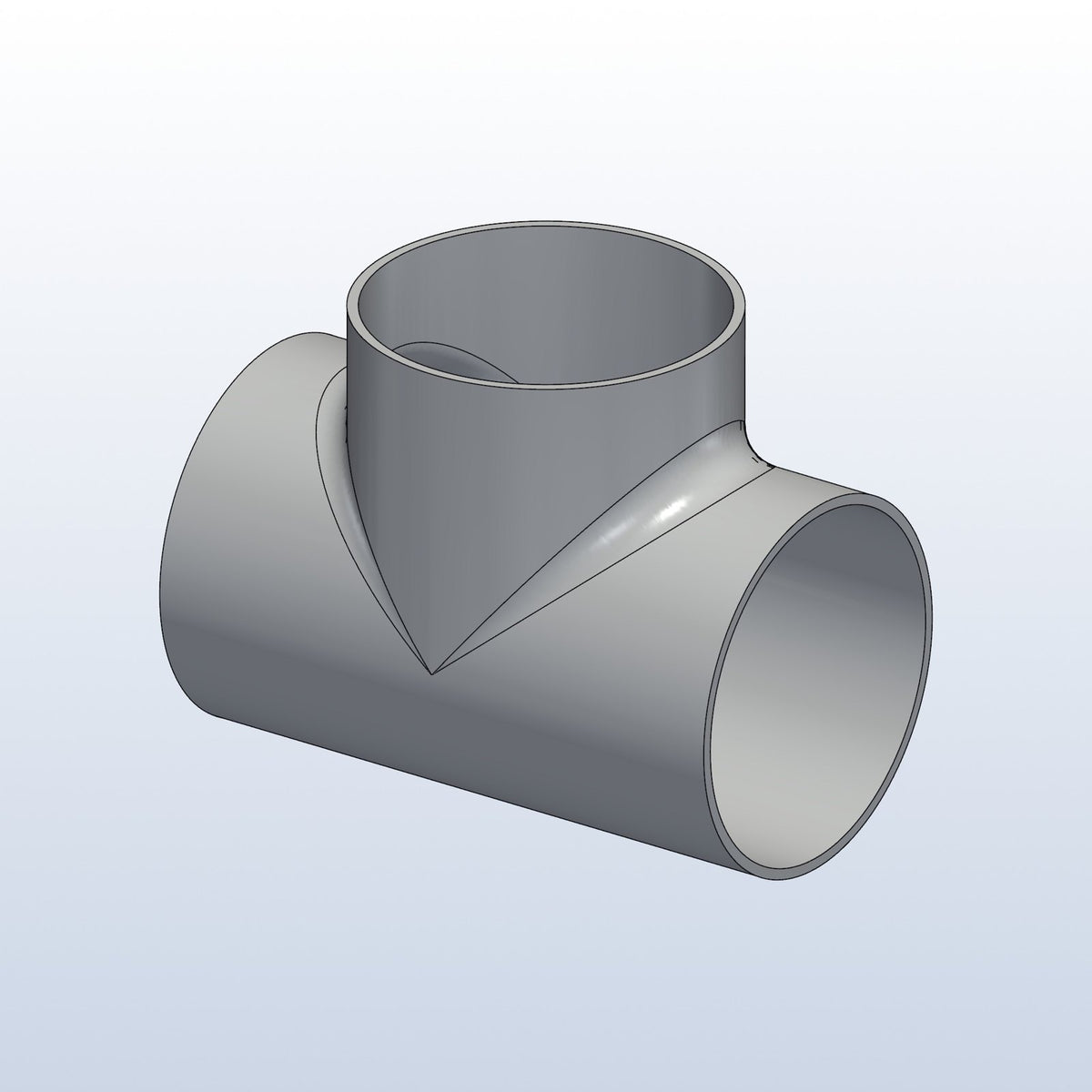 H pipe junction tee, 2.25in OD, profile view, metal 3D printed 316L stainless