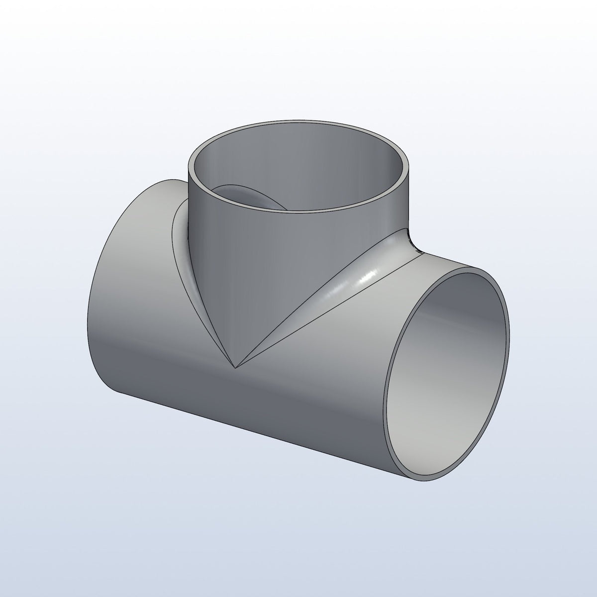 H pipe junction tee, 2.36in OD, profile view, metal 3D printed 316L stainless