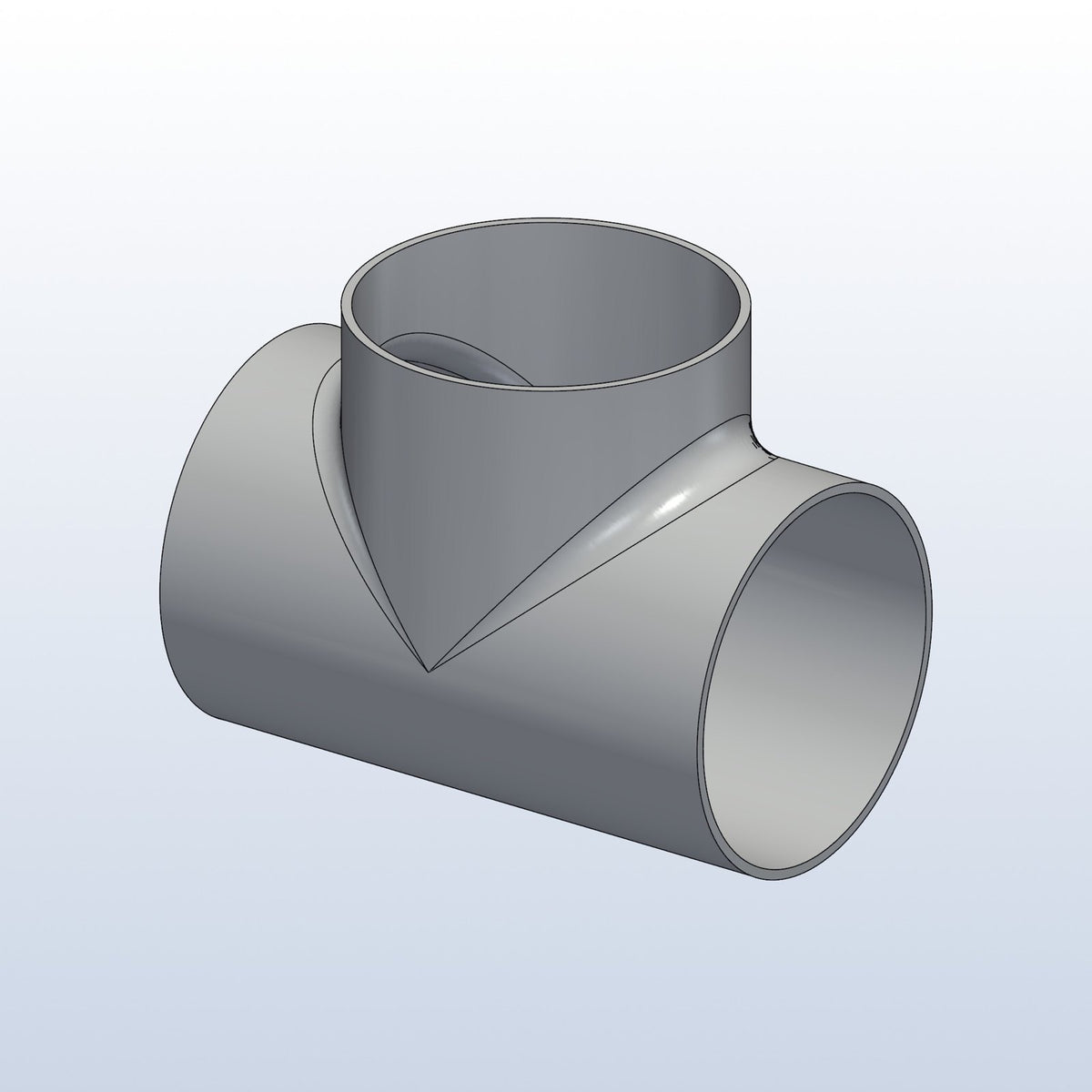 H pipe junction tee, 2.5in OD, profile view, metal 3D printed 316L stainless