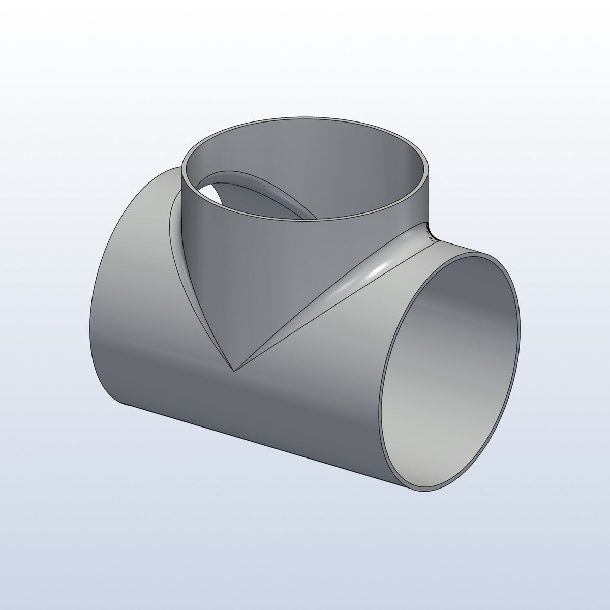 H pipe junction tee, 3.5in OD, profile view, metal 3D printed 316L stainless