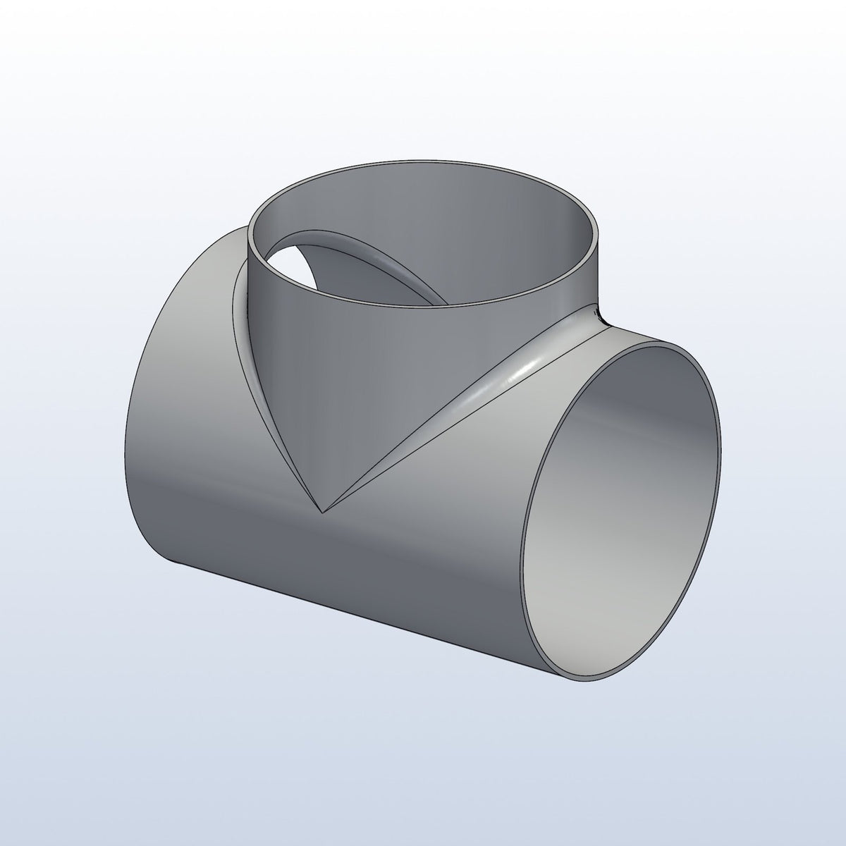 H pipe junction tee, 4in OD, profile view, metal 3D printed 316L stainless