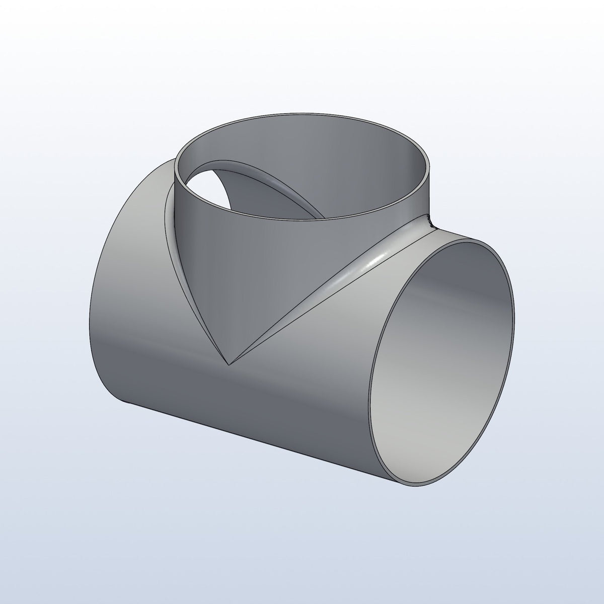 H pipe junction tee, 4.5in OD, profile view, metal 3D printed 316L stainless