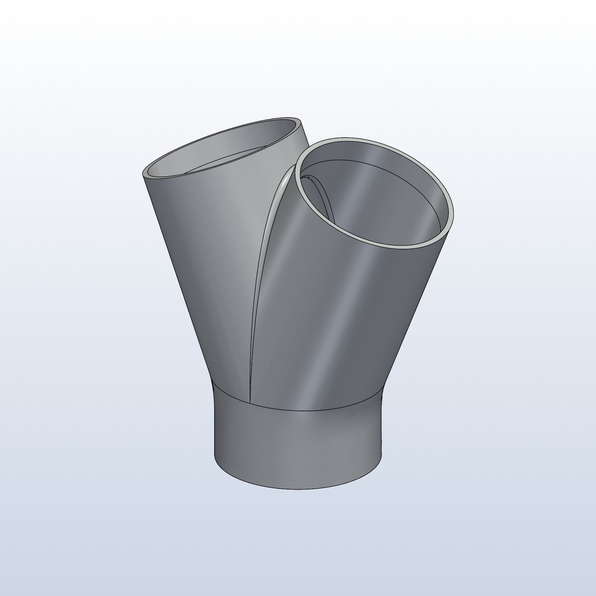 3D printed 316L stainless 2 into 1 merge, 2 x 2in into 2in, profile view