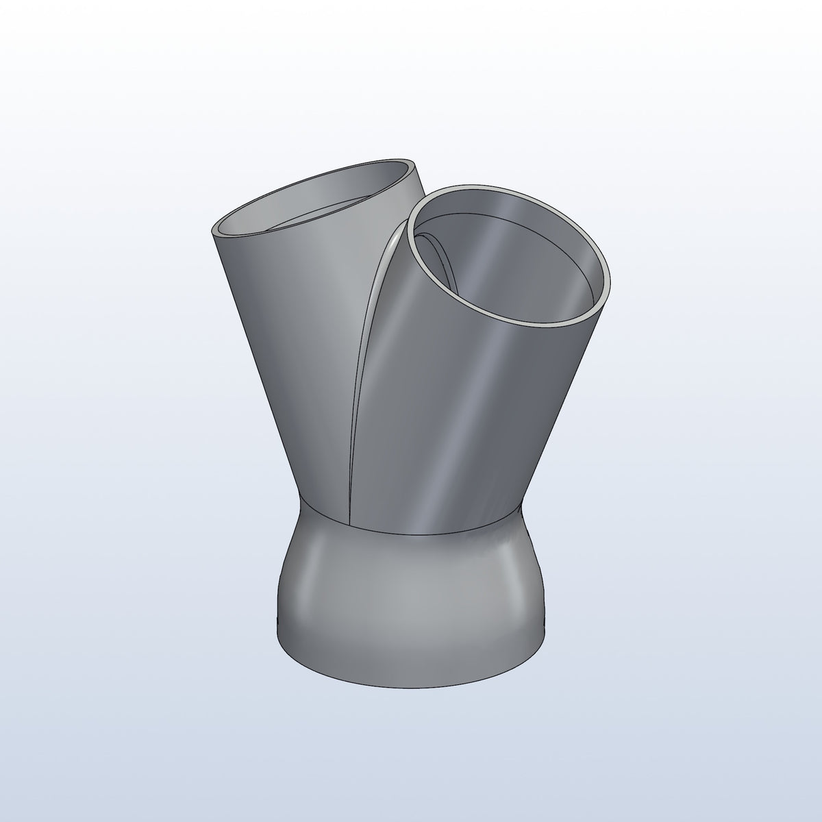 3D printed 316L stainless 2 into 1 merge, 2 x 2in into 2.5in, profile view