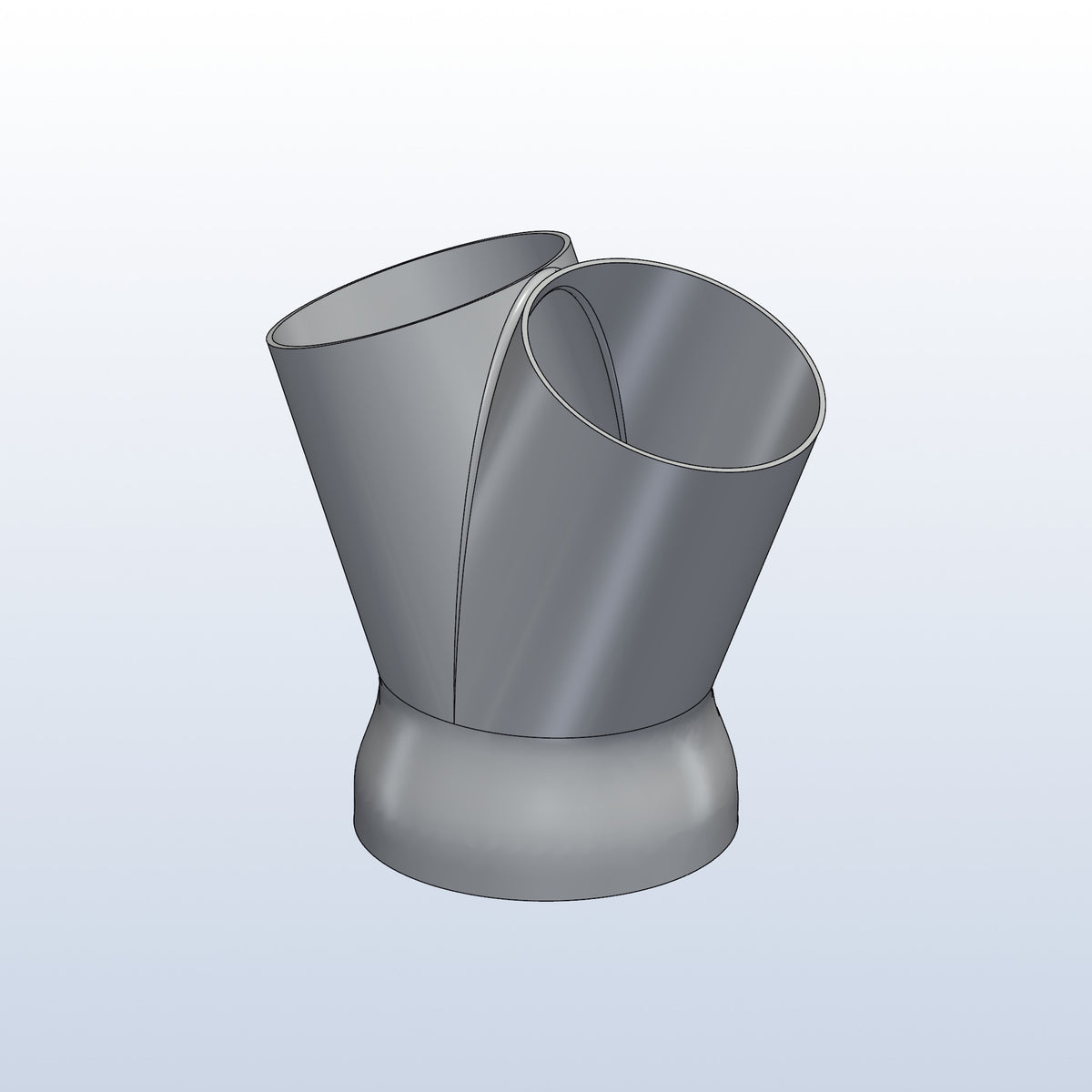 3D printed 316L stainless 2 into 1 merge, 2 x 2.5in into 3in, profile view