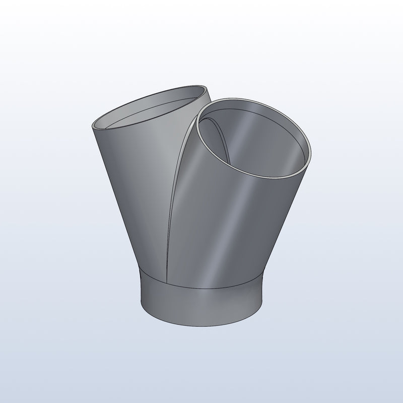 3D printed 316L stainless 2 into 1 merge, 2 x 3in into 3in, isometric view