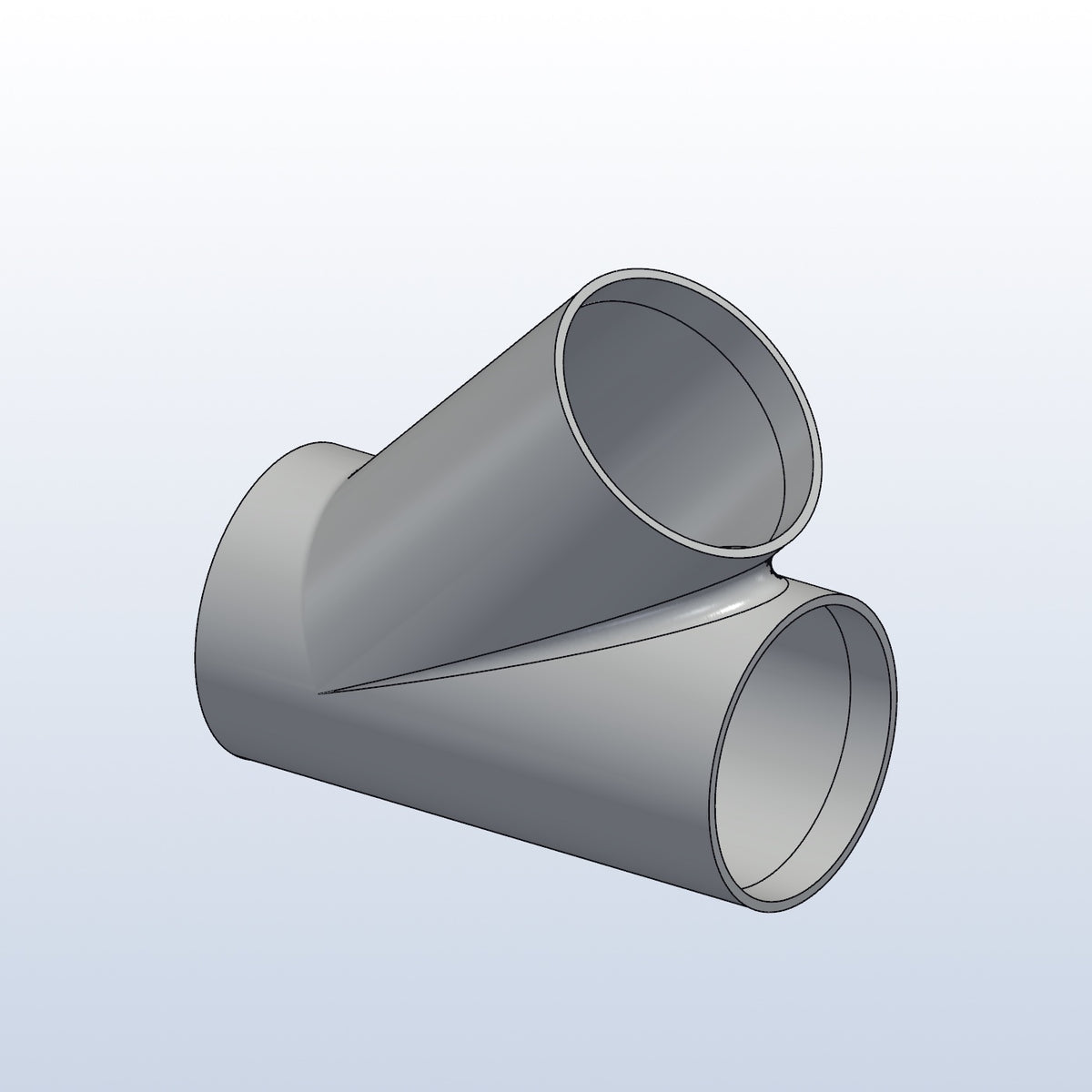 3D printed 316L stainless cope junction, 2in OD, 45 degree branch, isometric view