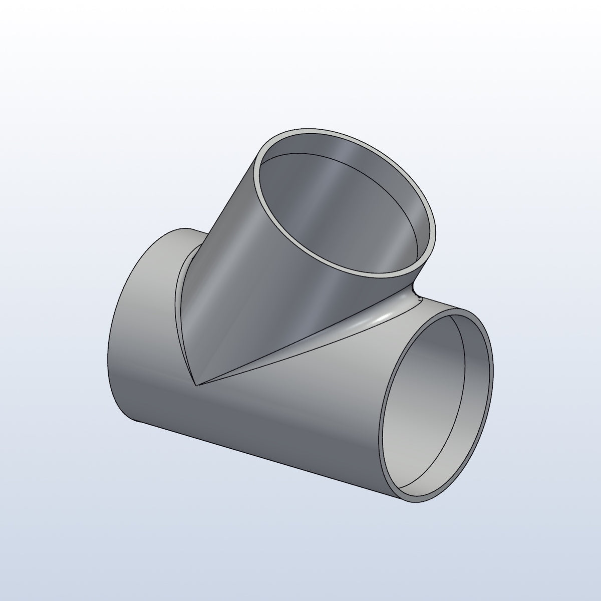 3D printed 316L stainless cope junction, 2in OD, 60 degree branch, isometric view