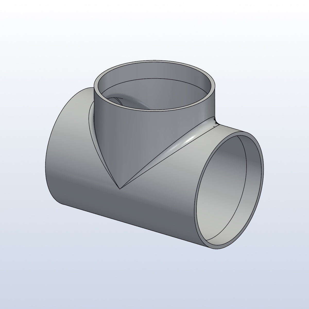 3D printed 316L stainless cope junction, 2in OD, 90 degree branch, isometric view