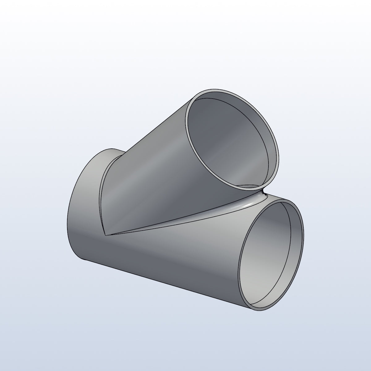 3D printed 316L stainless cope junction, 2.5in OD, 45 degree branch, isometric view