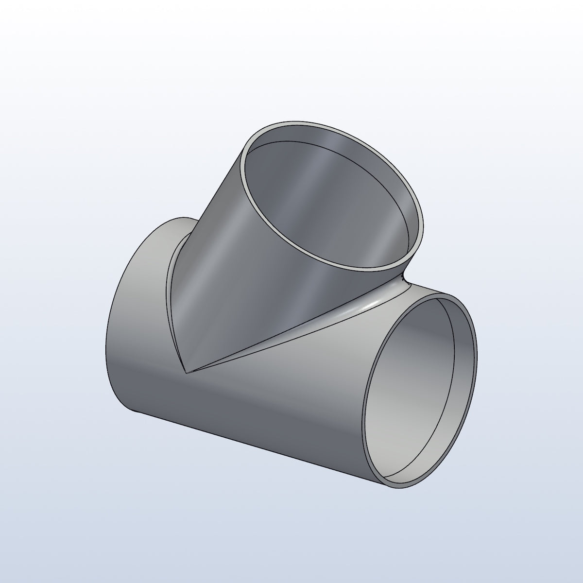 3D printed 316L stainless cope junction, 2.5in OD, 60 degree branch, isometric view