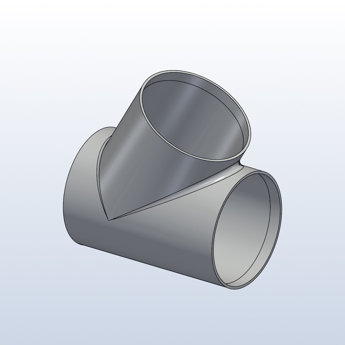 3D printed 316L stainless cope junction, 3in OD, 60 degree branch, isometric view