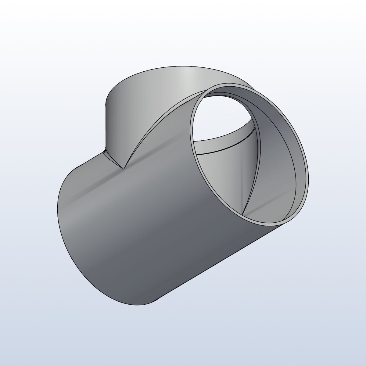 3D printed 316L stainless cope junction, 3in OD, 90 degree branch, view into the three ends