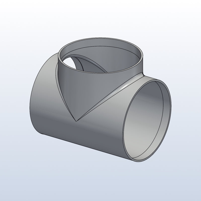 3D printed 316L stainless cope junction, 3in OD, 90 degree branch, isometric view