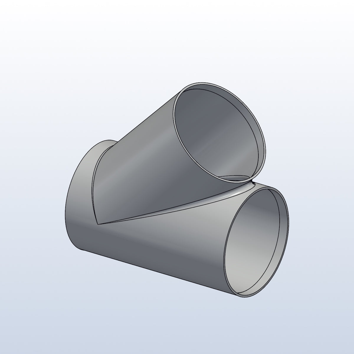 3D printed 316L stainless cope junction, 3.5in OD, 45 degree branch, isometric view