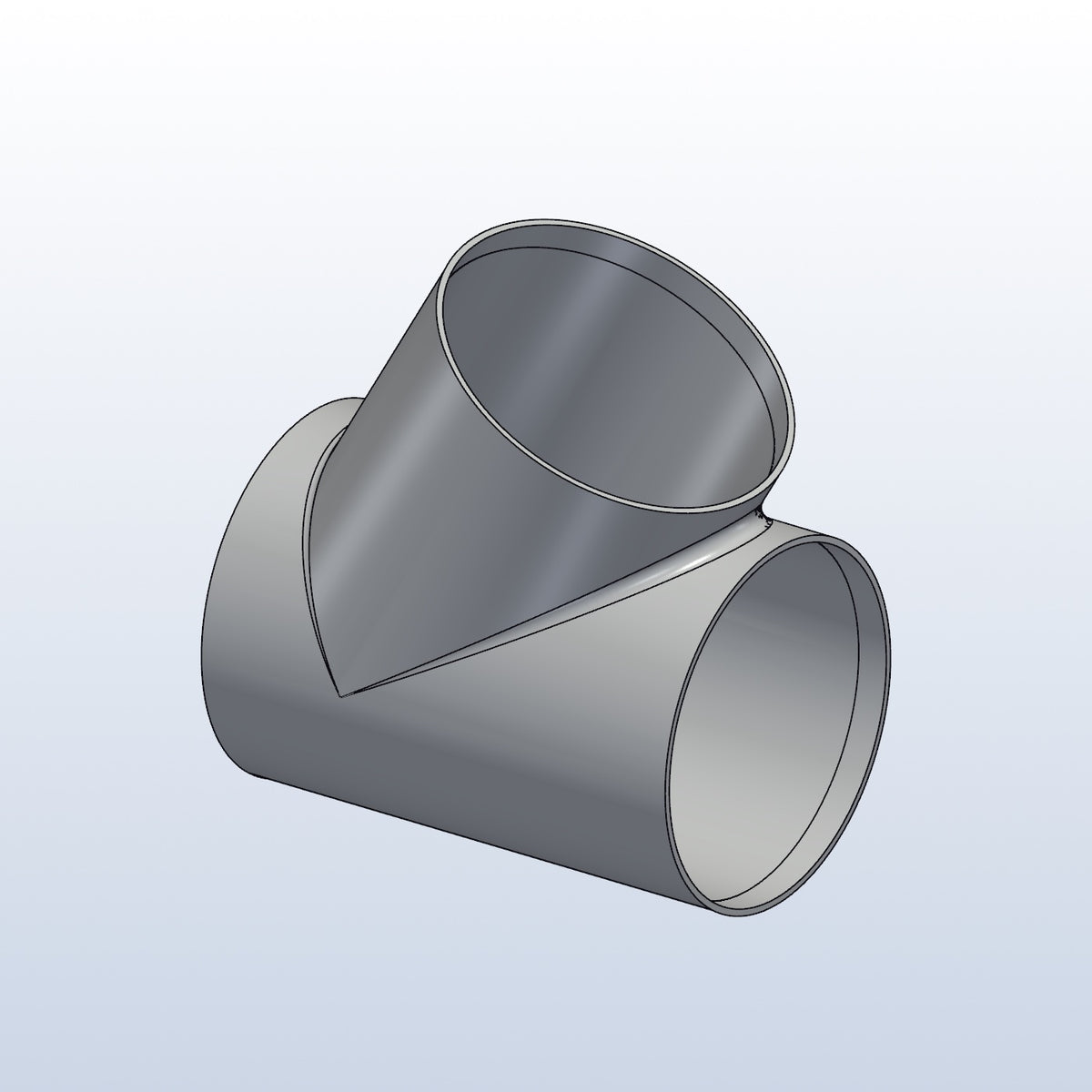 3D printed 316L stainless cope junction, 3.5in OD, 60 degree branch, isometric view