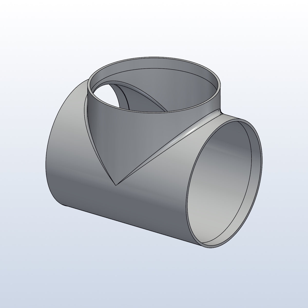 3D printed 316L stainless cope junction, 3.5in OD, 90 degree branch, isometric view