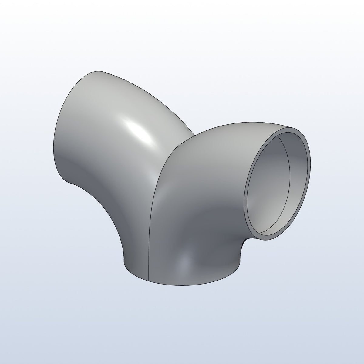 90 degree split Y, 1.5in OD, 1D radius, profile view, metal 3D printed 316L stainless
