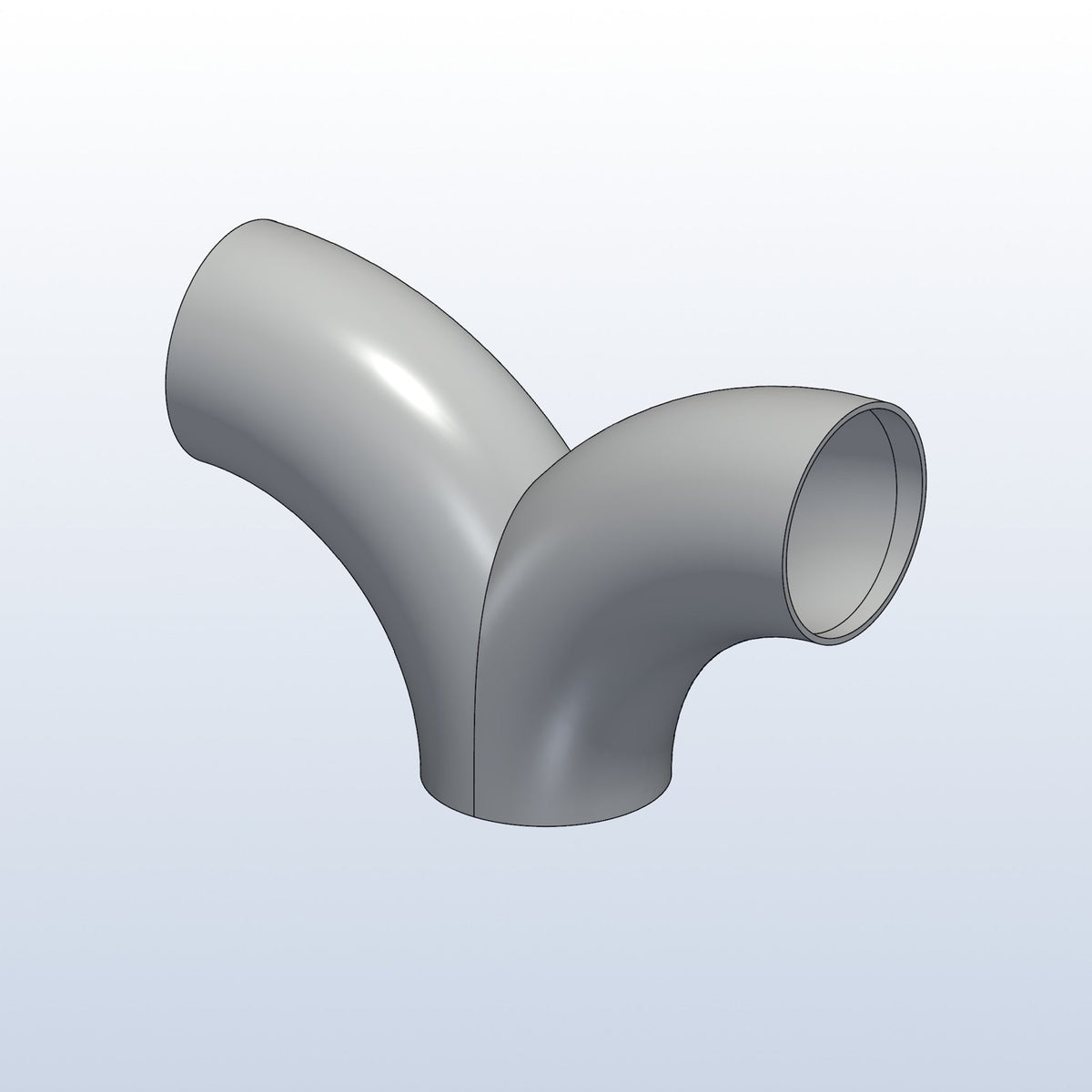 90 degree split Y, 2.36in OD, 1.5D radius, profile view, metal 3D printed 316L stainless