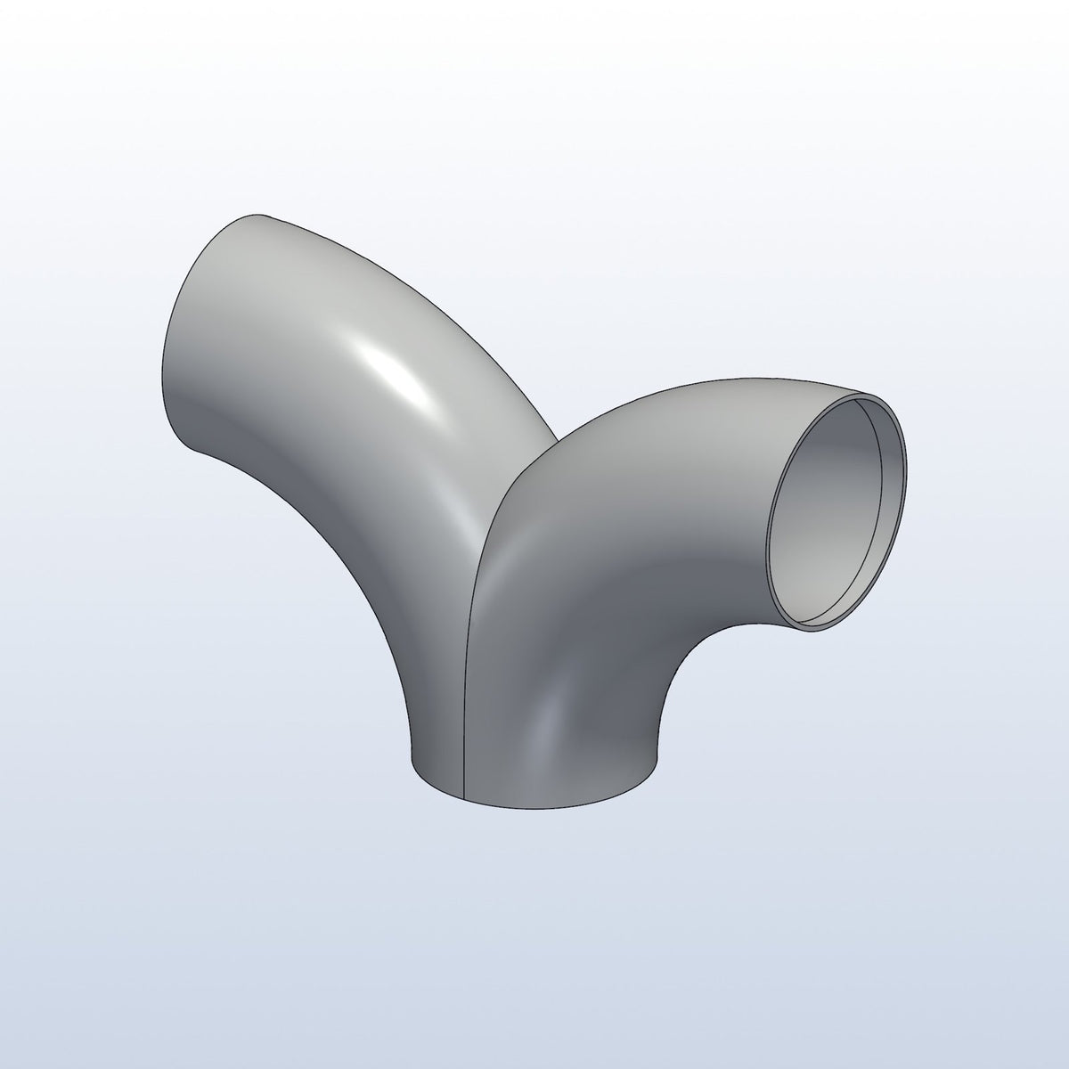 90 degree split Y, 2.75in OD, 1.5D radius, profile view, metal 3D printed 316L stainless