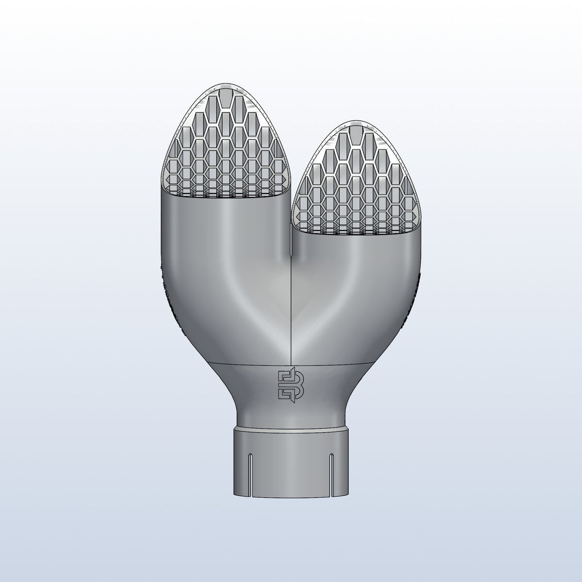 Teardrop twin exhaust tip, 2.5in inlet to dual 3in, long tip left, front view, 3D printed 316L stainless with honeycomb