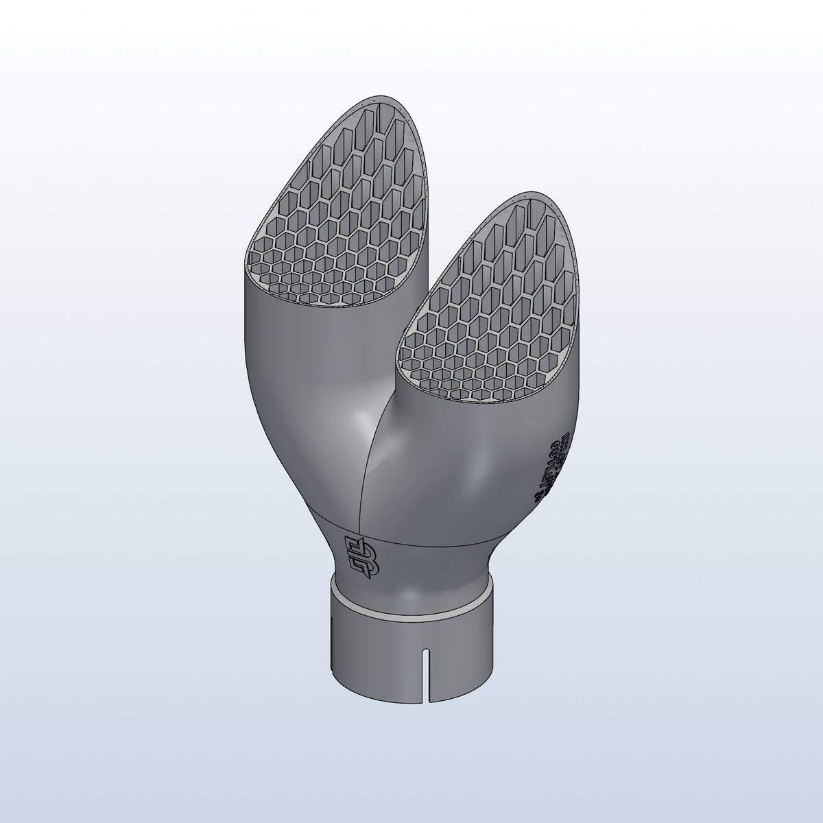 Teardrop twin exhaust tip, 2.5in inlet to dual 3in, long tip left, isometric view, 3D printed 316L stainless with honeycomb