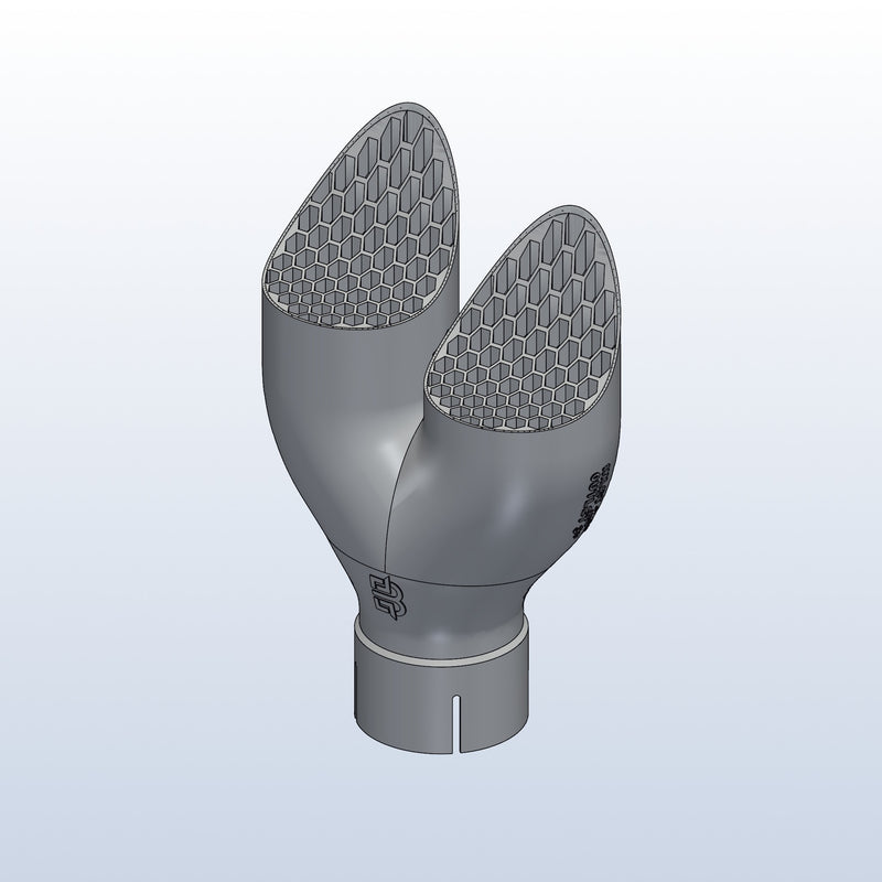 Teardrop twin exhaust tip, 2.5in inlet to dual 3in, long tip left, isometric view, 3D printed 316L stainless with honeycomb