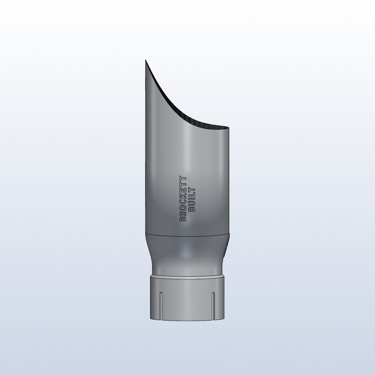 Teardrop twin exhaust tip, 2.5in inlet to dual 3in, long tip left, side view with Brockett Built lettering, 3D printed 316L stainless with honeycomb