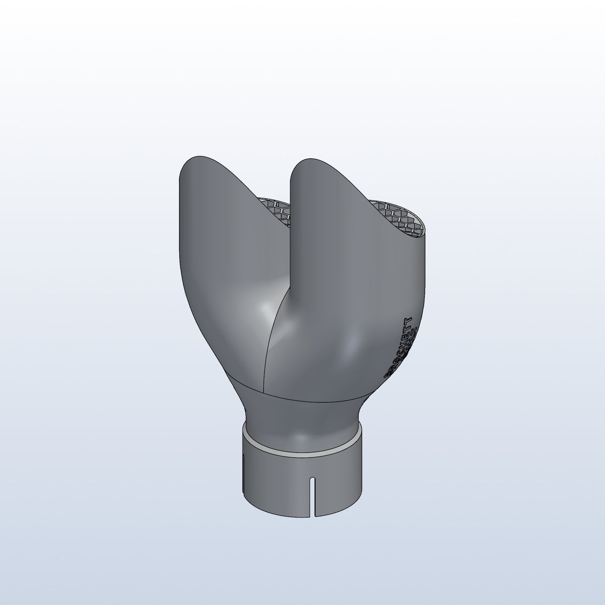 Teardrop twin exhaust tip, 2.5in inlet to dual 3in, long tip left, rear isometric view, 3D printed 316L stainless with honeycomb