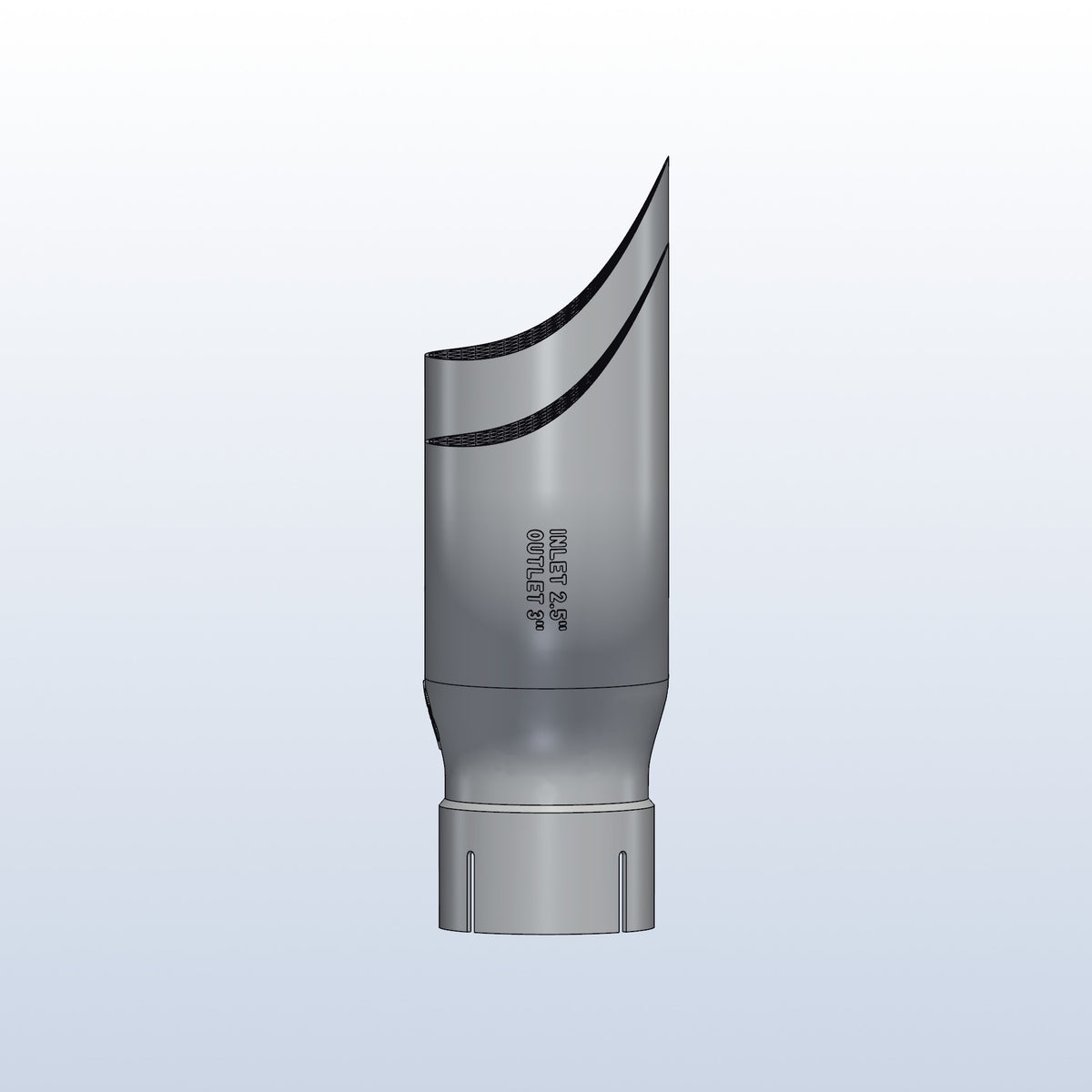 Teardrop twin exhaust tip, 2.5in inlet to dual 3in, long tip left, side view showing the teardrop lips, 3D printed 316L stainless with honeycomb
