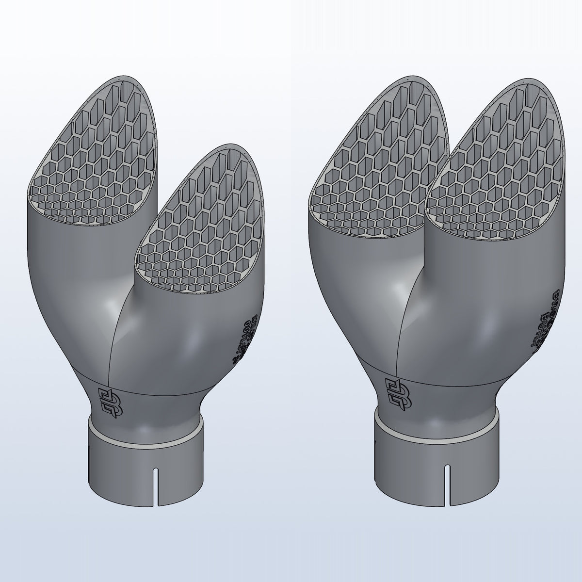Pair of teardrop twin exhaust tips, left and right, 2.5in inlet to dual 3in, 3D printed 316L stainless with honeycomb