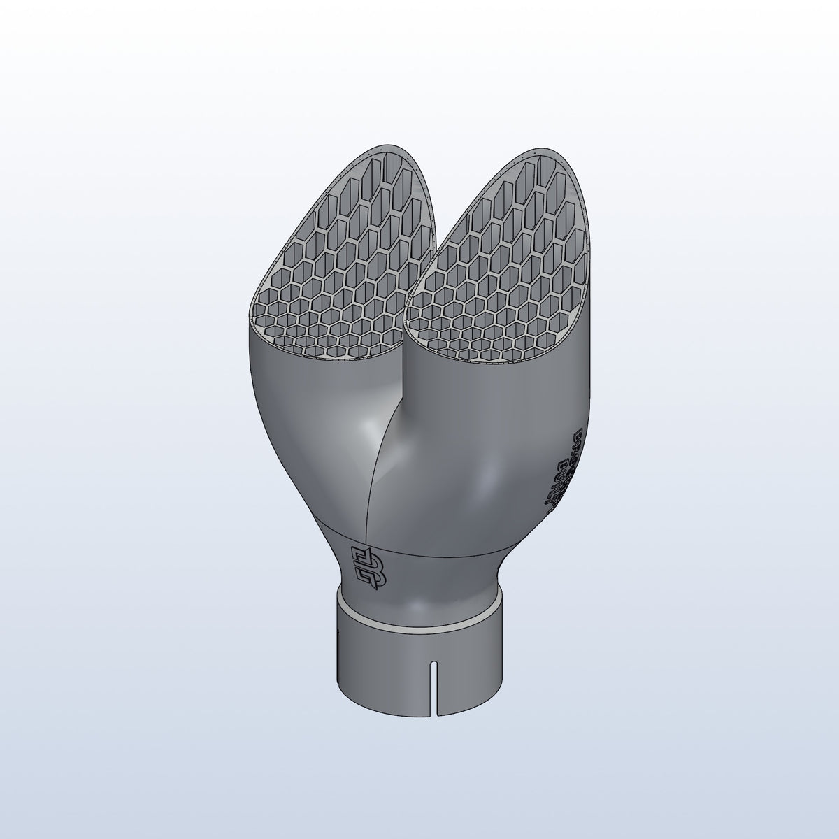 Teardrop twin exhaust tip, 2.5in inlet to dual 3in, long tip right, isometric view, 3D printed 316L stainless with honeycomb