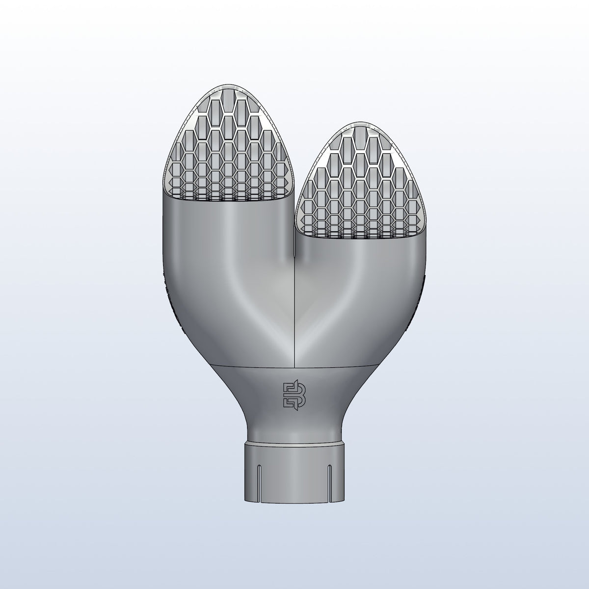 Teardrop twin exhaust tip, 2.5in inlet to dual 3.5in, long tip left, front view, 3D printed 316L stainless with honeycomb