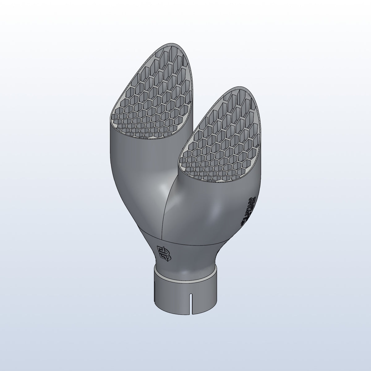 Teardrop twin exhaust tip, 2.5in inlet to dual 3.5in, long tip left, isometric view, 3D printed 316L stainless with honeycomb